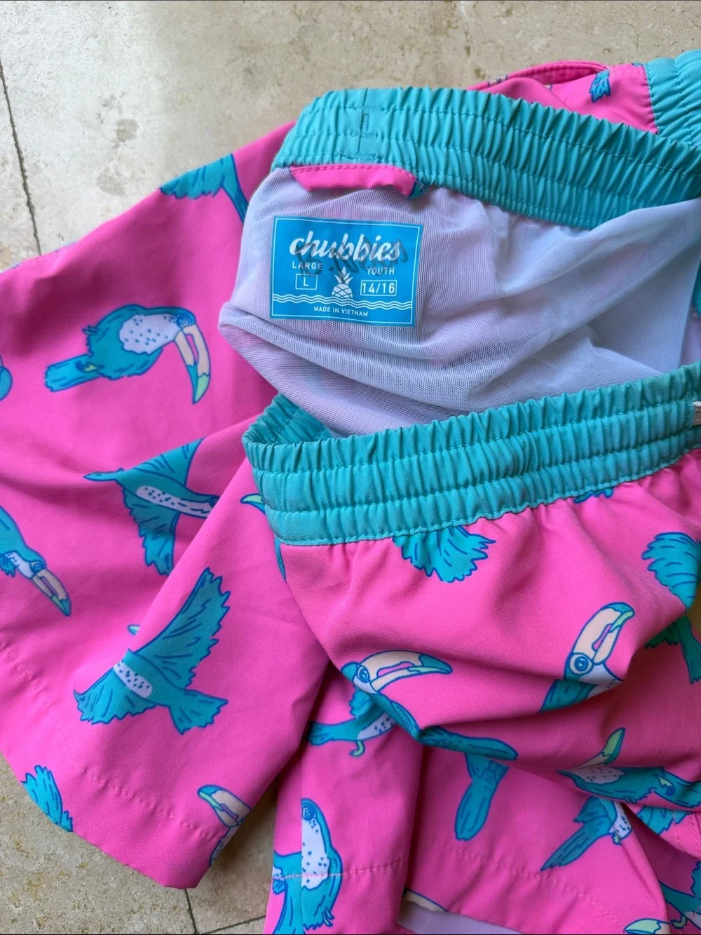 chubbies Pink Swim Trunks with Teal Toucan Print